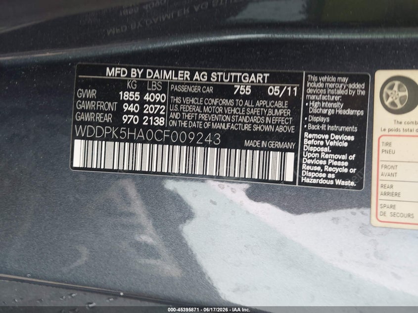 2012 Mercedes-benz Slk-klasse VIN WDDPK5HA0CF009243 IAAI salvage auction — LEFT FRONT, Salvage Title, sold $3,100 on 2026-08-18 (photo 9)