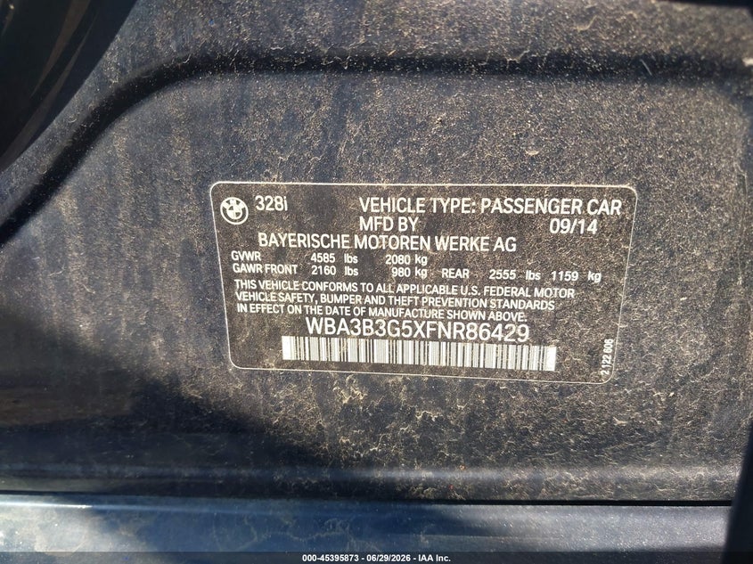 2015 BMW 3er VIN WBA3B3G5XFNR86429 IAAI salvage auction — FRONT END, Salvage (New Jersey), sold $2,150 on 2026-08-10 (photo 9)