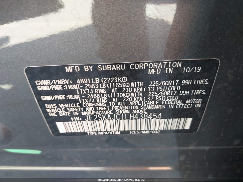2020 Subaru Forester VIN JF2SKAJC1LH438454 IAAI salvage auction — LEFT SIDE, Salvage (California), sold $4,050 on 2026-07-15 (photo 9)
