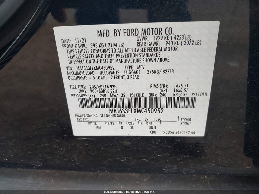 2021 Ford Ecosport VIN MAJ6S3FLXMC450952 IAAI salvage auction — FRONT END, Salvage (Virginia), sold $1,950 on 2026-07-07 (photo 9)