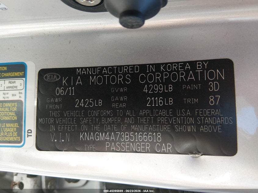 2011 Kia Optima VIN KNAGM4A73B5166618 IAAI salvage auction — FRONT END, Salvage (Idaho), sold $650 on 2026-07-15 (photo 9)