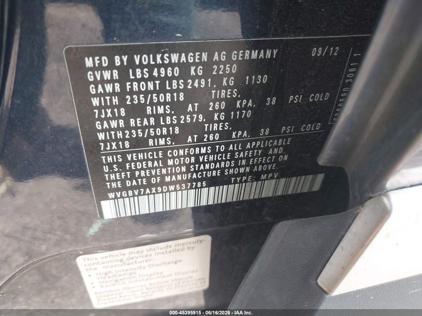 2013 Volkswagen Tiguan VIN WVGBV7AX9DW537785 IAAI salvage auction — FRONT END, Clear (Massachusetts), sold $1,000 on 2026-07-17 (photo 9)