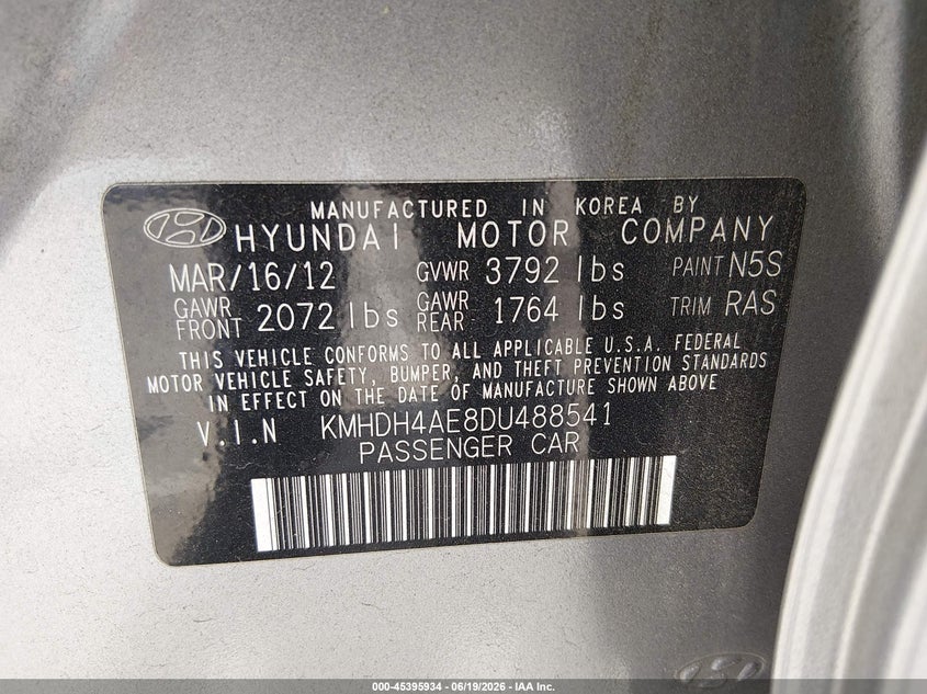 2013 Hyundai Elantra VIN KMHDH4AE8DU488541 IAAI salvage auction — REAR END, Salvage (California), sold $1,250 on 2026-07-16 (photo 9)
