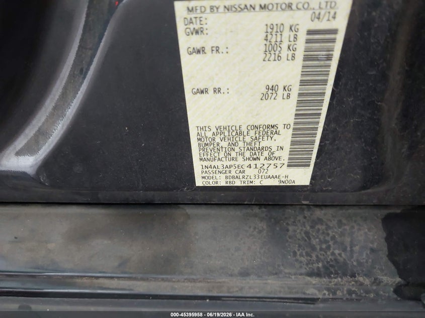 2014 Nissan Altima VIN 1N4AL3AP5EC412757 IAAI salvage auction — FRONT END, Salvage (Texas), sold $1,950 on 2026-07-18 (photo 9)