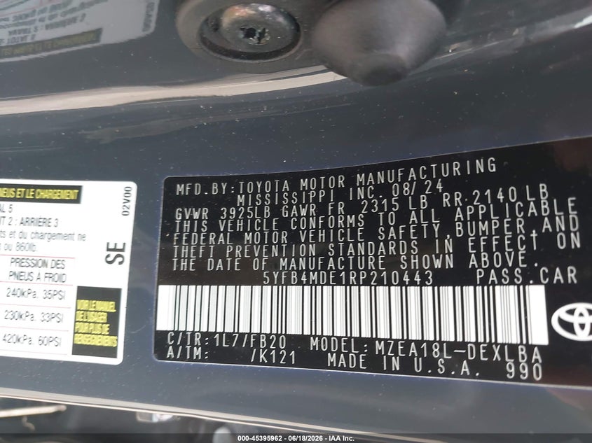 2024 Toyota Corolla VIN 5YFB4MDE1RP210443 IAAI salvage auction — FRONT & REAR, Original (Texas), sold $2,200 on 2026-07-23 (photo 9)