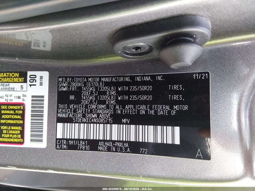 2022 Toyota Sienna VIN 5TDERKEC4NS085715 IAAI salvage auction — UNKNOWN, Salvage Title, sold $12,900 on 2026-07-30 (photo 9)