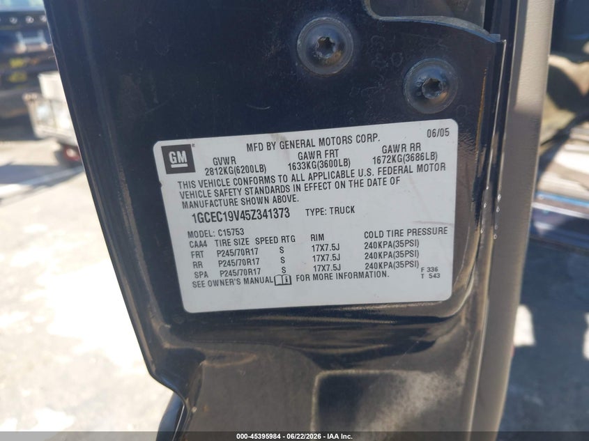 2005 Chevrolet Silverado 1500 VIN 1GCEC19V45Z341373 IAAI salvage auction — FRESH WATER, Clear - Dealer Only (California), sold $625 on 2026-07-18 (photo 9)