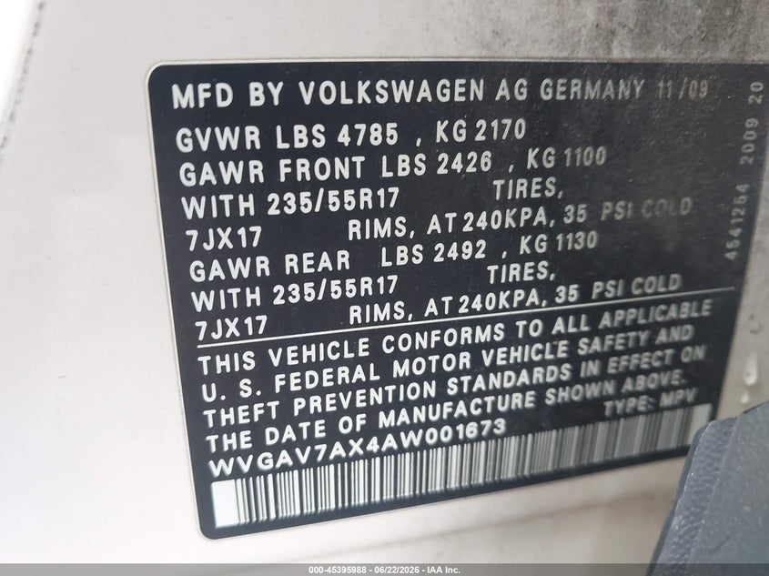 2010 Volkswagen Tiguan VIN WVGAV7AX4AW001673 IAAI salvage auction — LEFT REAR, Salvage (Ohio), sold $450 on 2026-07-14 (photo 9)