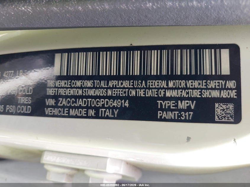 2016 Jeep Renegade VIN ZACCJADT0GPD64914 IAAI salvage auction — NORMAL WEAR, Salvage Title, sold $1,100 on 2026-07-15 (photo 9)