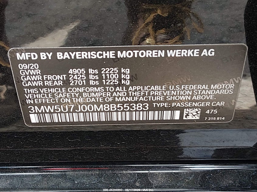 2021 BMW 3er VIN 3MW5U7J00M8B55383 IAAI salvage auction — REAR END, Salvage Title, sold $7,200 on 2026-07-29 (photo 9)