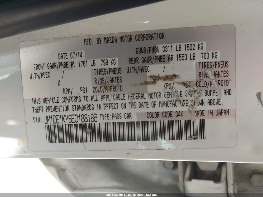 2014 Mazda 2 VIN JM1DE1KY8E0188186 IAAI salvage auction — FRONT END, Salvage Title, sold $825 on 2026-07-11 (photo 9)