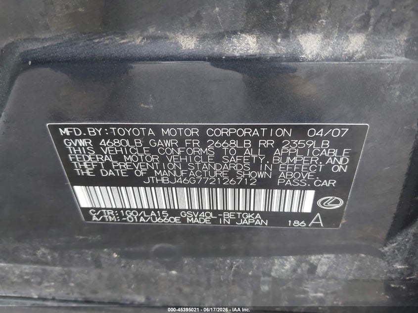 2007 Lexus Es 350 VIN JTHBJ46G772126712 IAAI salvage auction — FRONT END, Salvage (Iowa), sold $50 on 2026-07-28 (photo 9)