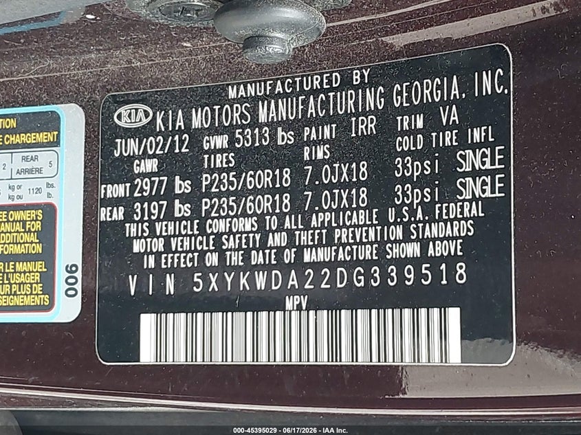 2013 Kia Sorento VIN 5XYKWDA22DG339518 IAAI salvage auction — FRONT END, Salvage Title, sold $1,450 on 2026-07-30 (photo 9)