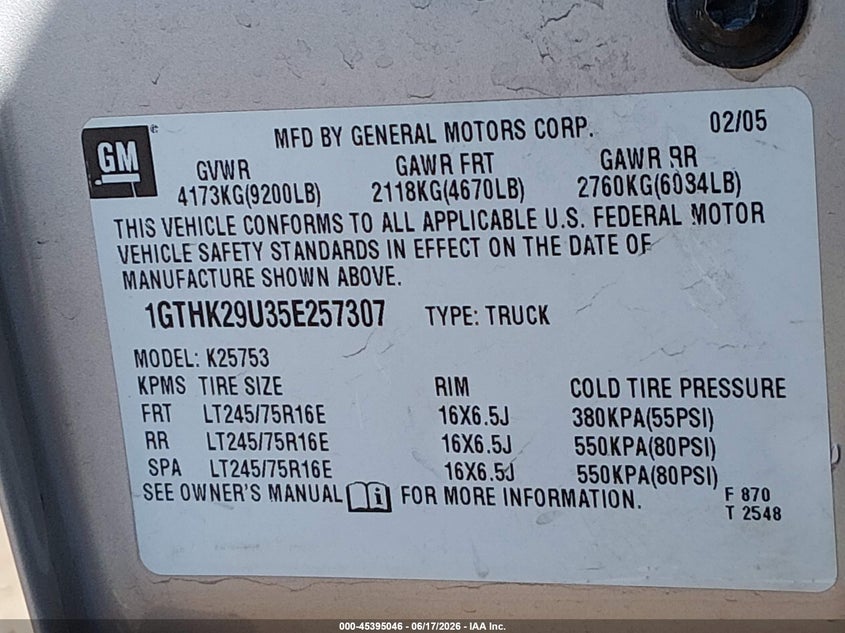 2005 Gmc SIERRA VIN 1GTHK29U35E257307 IAAI salvage auction — FRONT END, Salvage (Arizona), sold $3,850 on 2026-07-09 (photo 9)