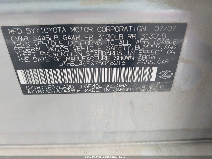 2007 Lexus Ls 460 VIN JTHBL46FX75048216 IAAI salvage auction — LEFT REAR, Clear (Mississippi), sold $525 on 2026-07-28 (photo 9)