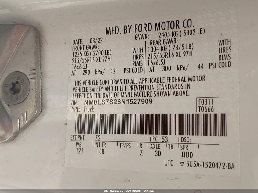 2022 Ford Transit VIN NM0LS7S26N1527909 IAAI salvage auction — TRANSMISSION, Salvage Title, sold $4,650 on 2026-07-29 (photo 6)
