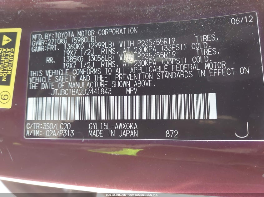 2013 Lexus Rx 450h VIN JTJBC1BA2D2441843 IAAI salvage auction — NORMAL WEAR, Clear - Dealer Only (California), sold $3,200 on 2026-07-29 (photo 9)