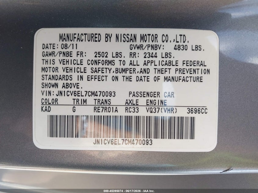 2012 Infiniti G VIN JN1CV6EL7CM470093 IAAI salvage auction — FRONT END, Clear (Indiana), sold $25 on 2026-07-23 (photo 9)