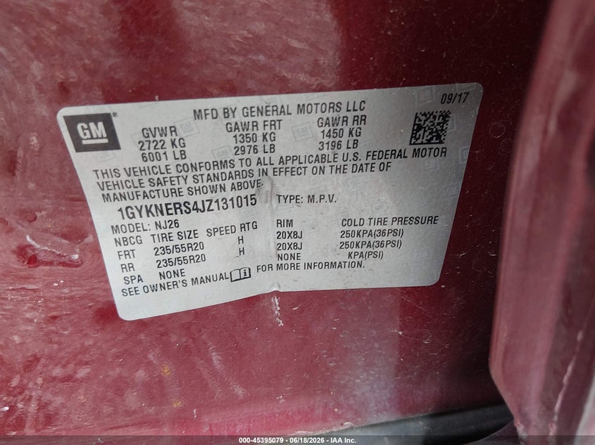 2018 Cadillac Xt5 VIN 1GYKNERS4JZ131015 IAAI salvage auction — SIDE, Salvage Title, sold $2,675 on 2026-09-09 (photo 9)