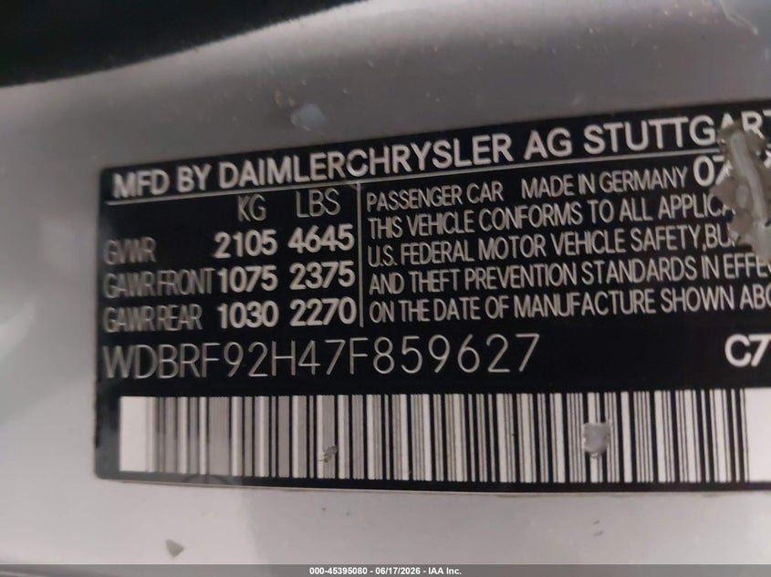2007 Mercedes-benz C class VIN WDBRF92H47F859627 IAAI salvage auction — FRONT END, Parts Only Bos (Minnesota), sold $350 on 2026-07-07 (photo 9)