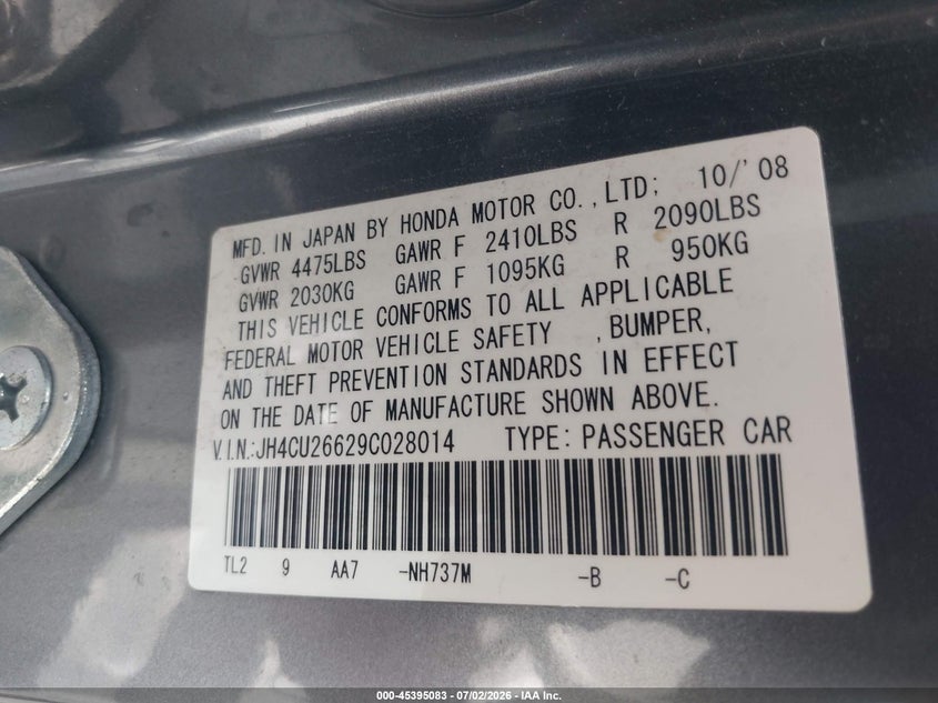 2009 Acura Tsx VIN JH4CU26629C028014 IAAI salvage auction — FRONT & REAR, Nrc Lienholder Repossession Paperwork (Utah), sold $1,575 on 2026-07-16 (photo 9)