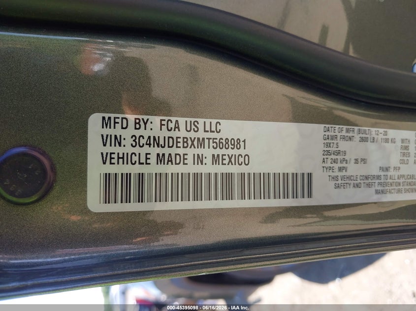 2021 Jeep Compass VIN 3C4NJDEBXMT568981 IAAI salvage auction — FRONT END, Salvage Title, sold $2,850 on 2026-07-18 (photo 9)
