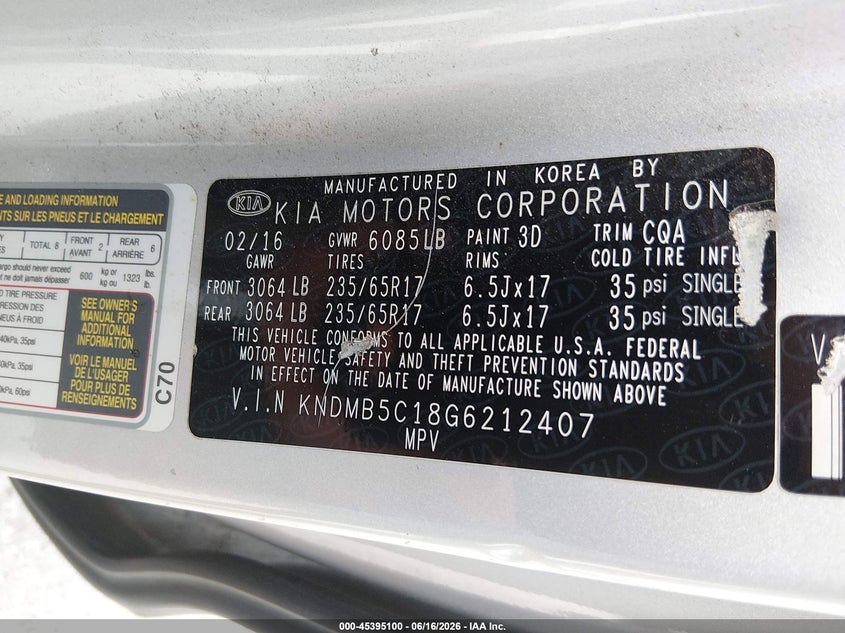 2016 Kia SEDONA VIN KNDMB5C18G6212407 IAAI salvage auction — NORMAL WEAR, Original (Texas), sold $1,350 on 2026-07-07 (photo 9)