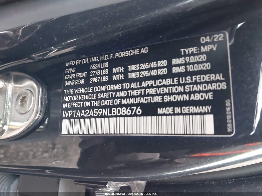 2022 Porsche Macan VIN WP1AA2A59NLB08676 IAAI salvage auction — FRONT END, Salvage (New Jersey), sold $20,100 on 2026-08-17 (photo 9)
