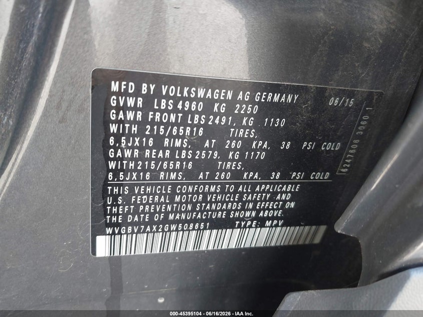 2016 Volkswagen Tiguan VIN WVGBV7AX2GW508651 IAAI salvage auction — REAR END, Salvage (Ohio), sold $25 on 2026-07-28 (photo 9)
