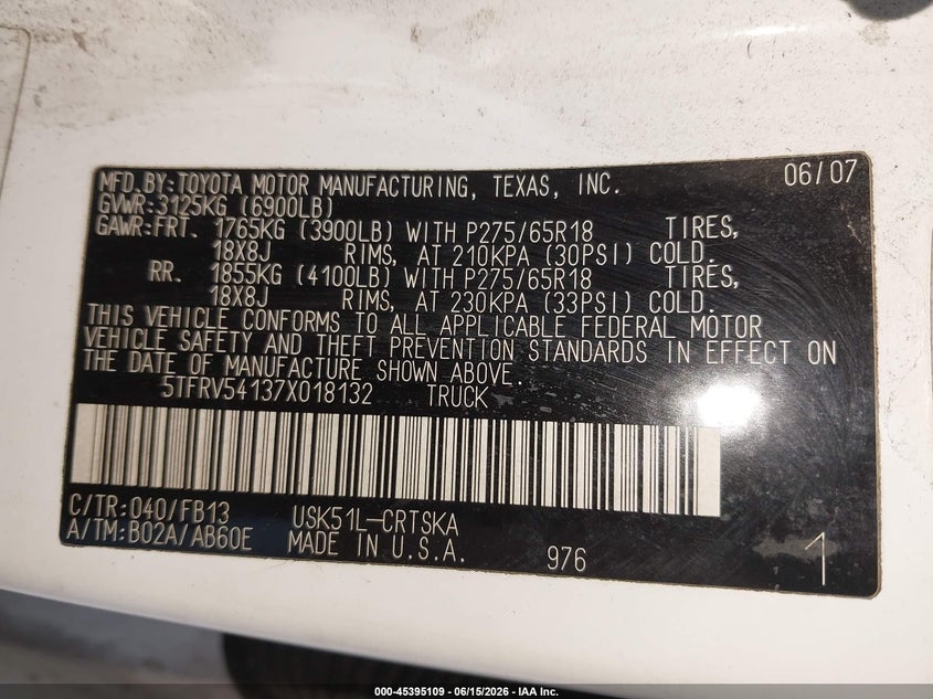 2007 Toyota Tundra VIN 5TFRV54137X018132 IAAI salvage auction — SIDE, Clear (Pennsylvania), sold $1,700 on 2026-07-10 (photo 9)