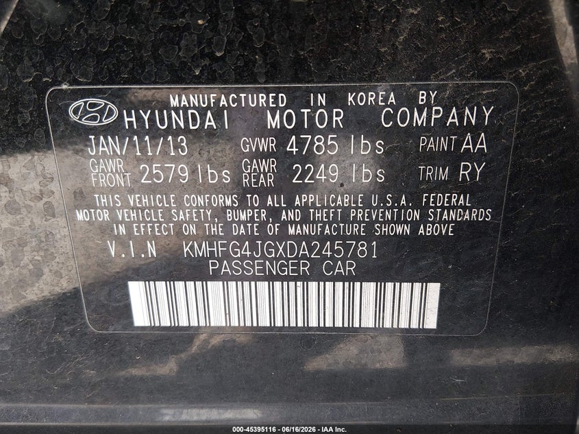 2013 Hyundai Azera VIN KMHFG4JGXDA245781 IAAI salvage auction — NORMAL WEAR, Clear (Washington), sold $550 on 2026-07-15 (photo 9)