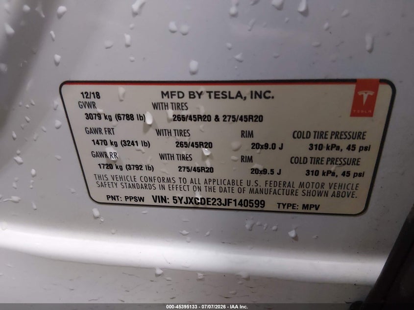 2018 Tesla Model x VIN 5YJXCDE23JF140599 IAAI salvage auction — FRONT & REAR, Salvage (Idaho), sold $7,900 on 2026-07-16 (photo 9)