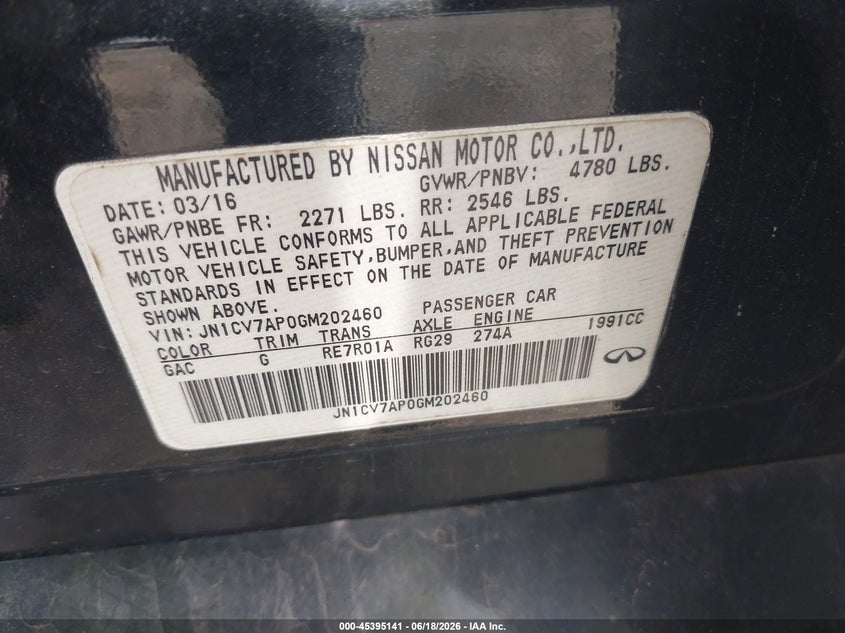 2016 Infiniti Q50 VIN JN1CV7AP0GM202460 IAAI salvage auction — NORMAL WEAR, Clear (Arkansas), sold $1,525 on 2026-07-16 (photo 9)
