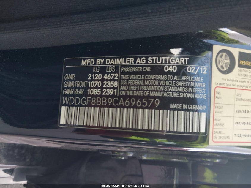 2012 Mercedes-benz C-klasse VIN WDDGF8BB9CA696579 IAAI salvage auction — LEFT FRONT, Rebuildable (Florida), sold $25 on 2026-07-30 (photo 9)