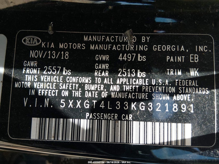 2019 Kia Optima VIN 5XXGT4L33KG321891 IAAI salvage auction — FRONT & REAR, Salvage (Arkansas), sold $1,450 on 2026-07-22 (photo 9)