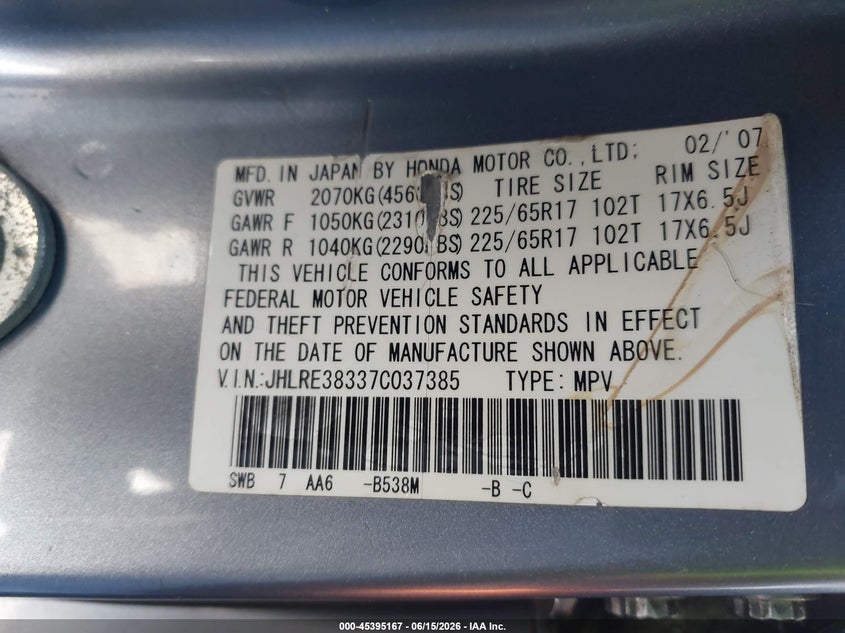 2007 Honda Cr-v VIN JHLRE38337C037385 IAAI salvage auction — NORMAL WEAR, Clear - Dealer Only (California), sold $1,700 on 2026-07-09 (photo 9)