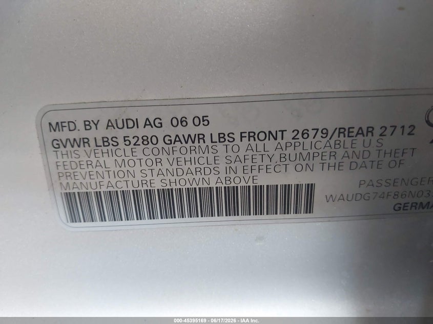 2006 Audi A6 VIN WAUDG74F86N039528 IAAI salvage auction — NORMAL WEAR, Clear (Arizona), sold $25 on 2026-07-28 (photo 9)