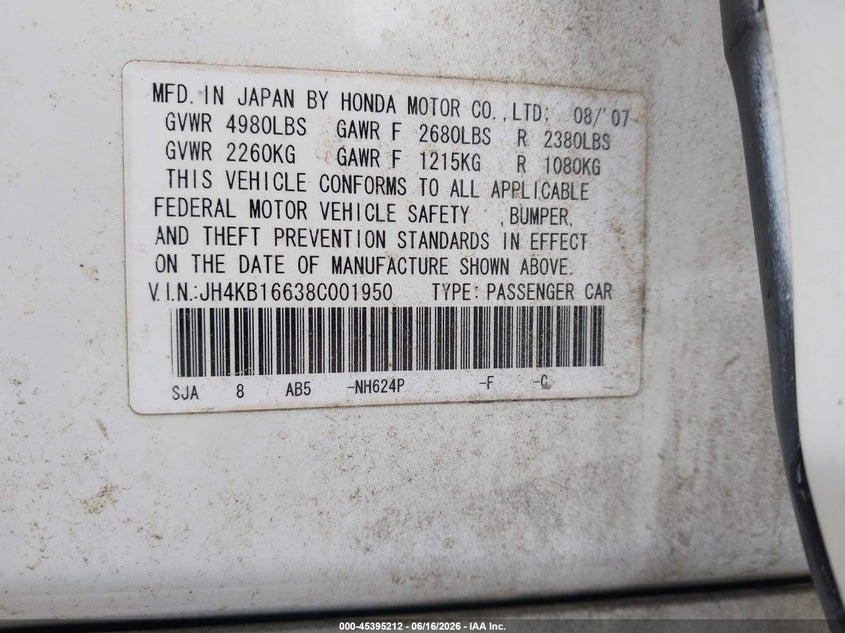 2008 Acura Rl VIN JH4KB16638C001950 IAAI salvage auction — REAR END, Salvage (North Carolina), sold $425 on 2026-07-30 (photo 9)
