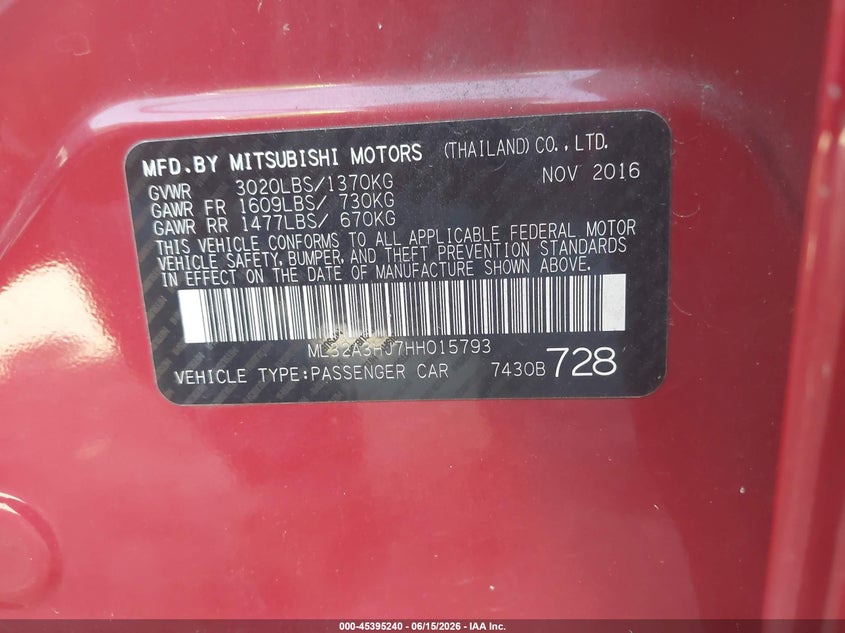 2017 Mitsubishi Mirage VIN ML32A3HJ7HH015793 IAAI salvage auction — FRONT END, Salvage (Tennessee), sold $25 on 2026-07-16 (photo 9)