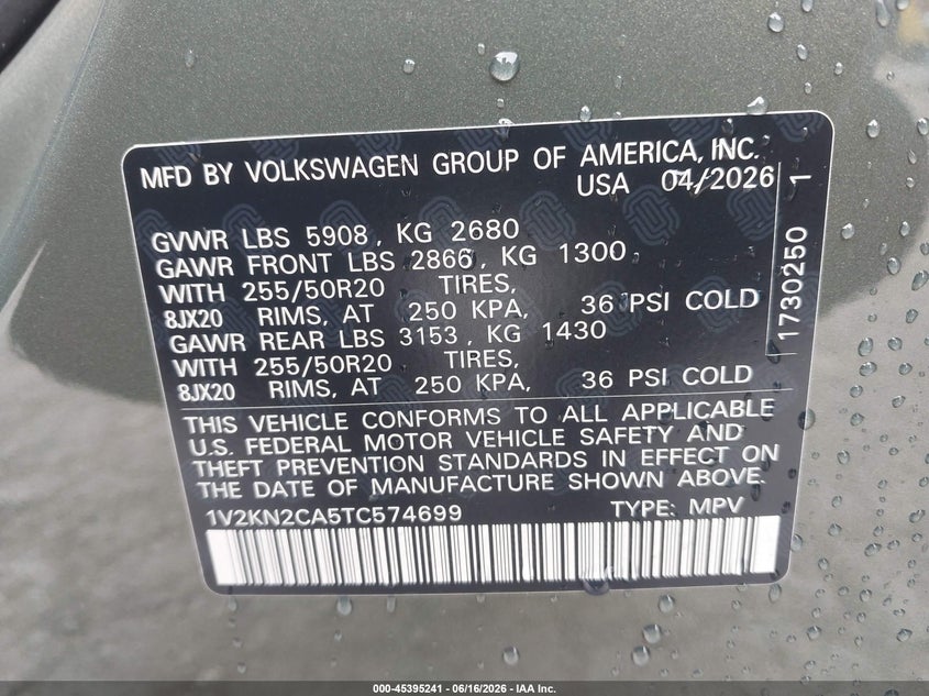2026 Volkswagen Atlas VIN 1V2KN2CA5TC574699 IAAI salvage auction — RIGHT FRONT, Salvage Title, sold $10,000 on 2026-07-29 (photo 9)