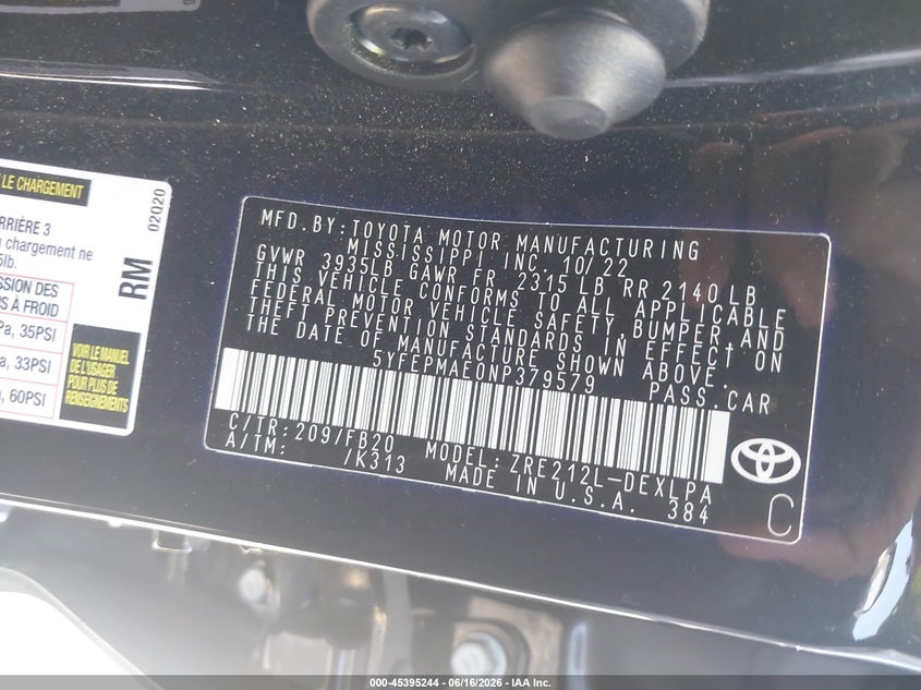 2022 Toyota Corolla VIN 5YFEPMAE0NP379579 IAAI salvage auction — FRONT END, Salvage Title, sold $3,350 on 2026-07-20 (photo 9)