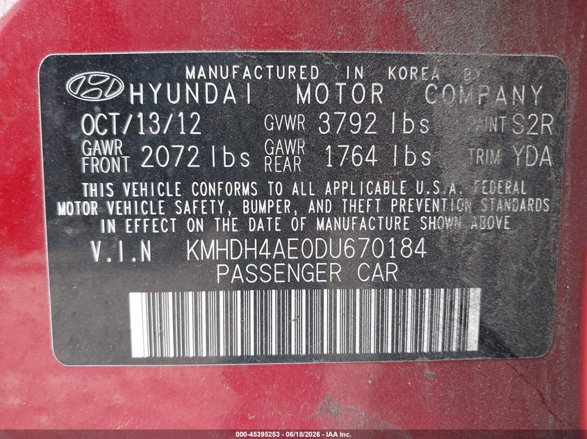 2013 Hyundai Elantra VIN KMHDH4AE0DU670184 IAAI salvage auction — LEFT FRONT, Salvage Title, sold $900 on 2026-07-17 (photo 9)