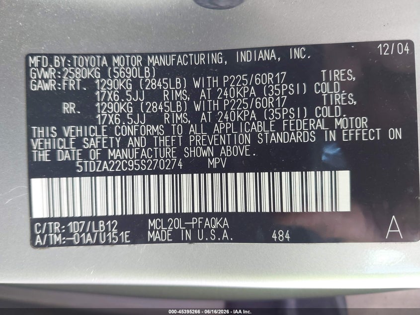 2005 Toyota Sienna VIN 5TDZA22C95S270274 IAAI salvage auction — FRONT END, Salvage (Ohio), sold $625 on 2026-07-09 (photo 9)