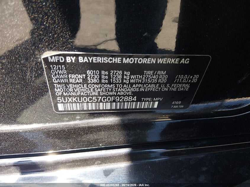 2016 BMW X6 VIN 5UXKU0C57G0F92884 IAAI salvage auction — SIDE, Salvage Title, sold $7,800 on 2026-07-17 (photo 9)