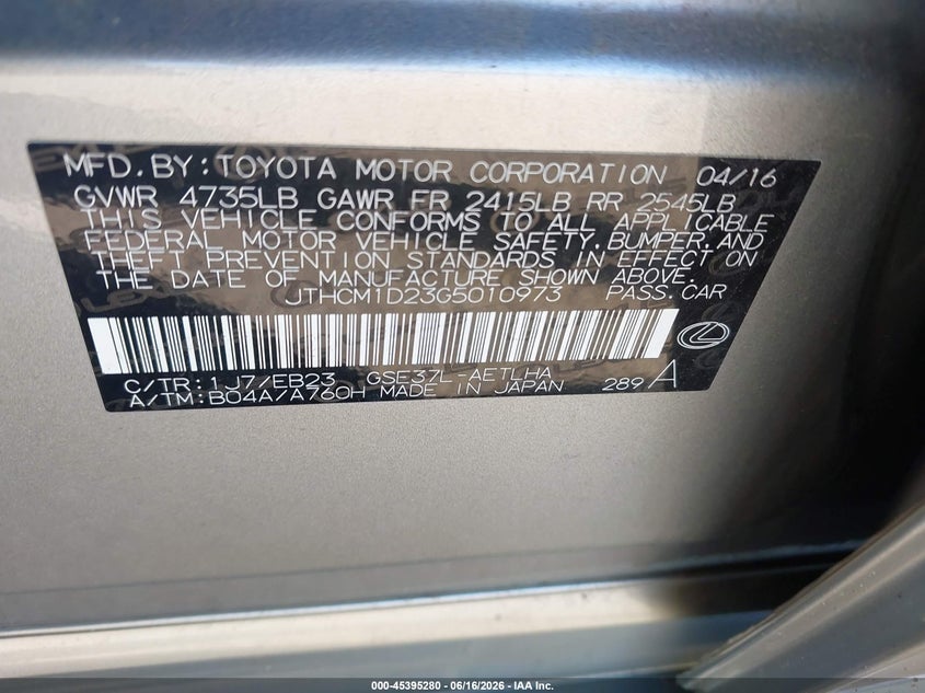 2016 Lexus Is VIN JTHCM1D23G5010973 IAAI salvage auction — LEFT FRONT, Mv-907A (New York), sold $6,700 on 2026-07-07 (photo 9)