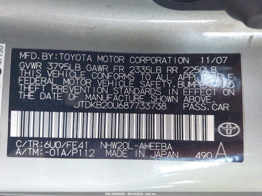 2008 Toyota Prius VIN JTDKB20U687733738 IAAI salvage auction — NORMAL WEAR, Previous Salvage (Michigan), sold $425 on 2026-07-13 (photo 9)