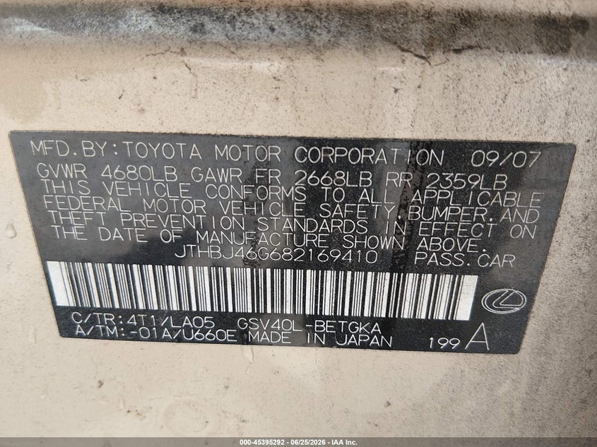 2008 Lexus Es 350 VIN JTHBJ46G682169410 IAAI salvage auction — NORMAL WEAR, Clear (Tennessee), sold $375 on 2026-07-23 (photo 9)