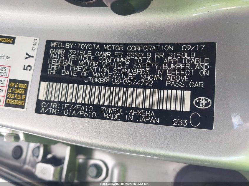2017 Toyota Prius VIN JTDKBRFU6H3574792 IAAI salvage auction — SIDE, Salvage (California), sold $3,950 on 2026-07-06 (photo 9)