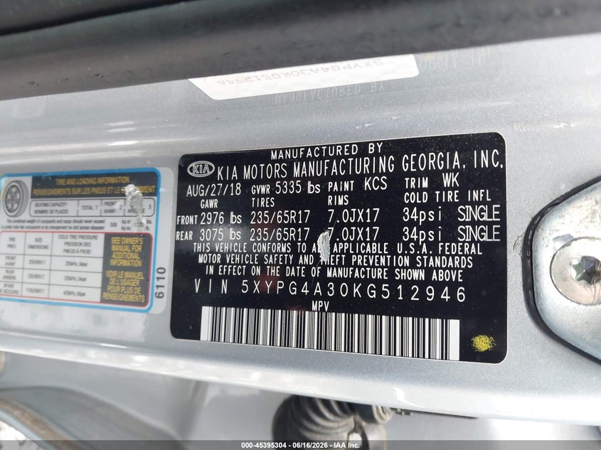 2019 Kia Sorento VIN 5XYPG4A30KG512946 IAAI salvage auction — REAR END, Salvage (Georgia), sold $2,750 on 2026-07-24 (photo 9)