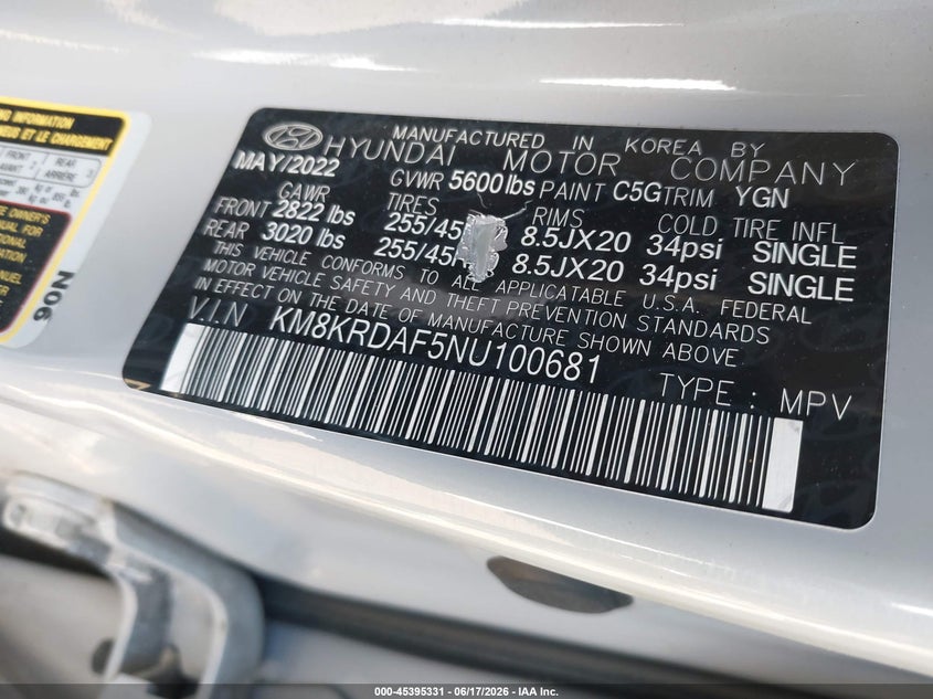 2022 Hyundai Ioniq 5 VIN KM8KRDAF5NU100681 IAAI salvage auction — FRONT & REAR, Mv-907A (New York), sold $9,375 on 2026-07-09 (photo 9)